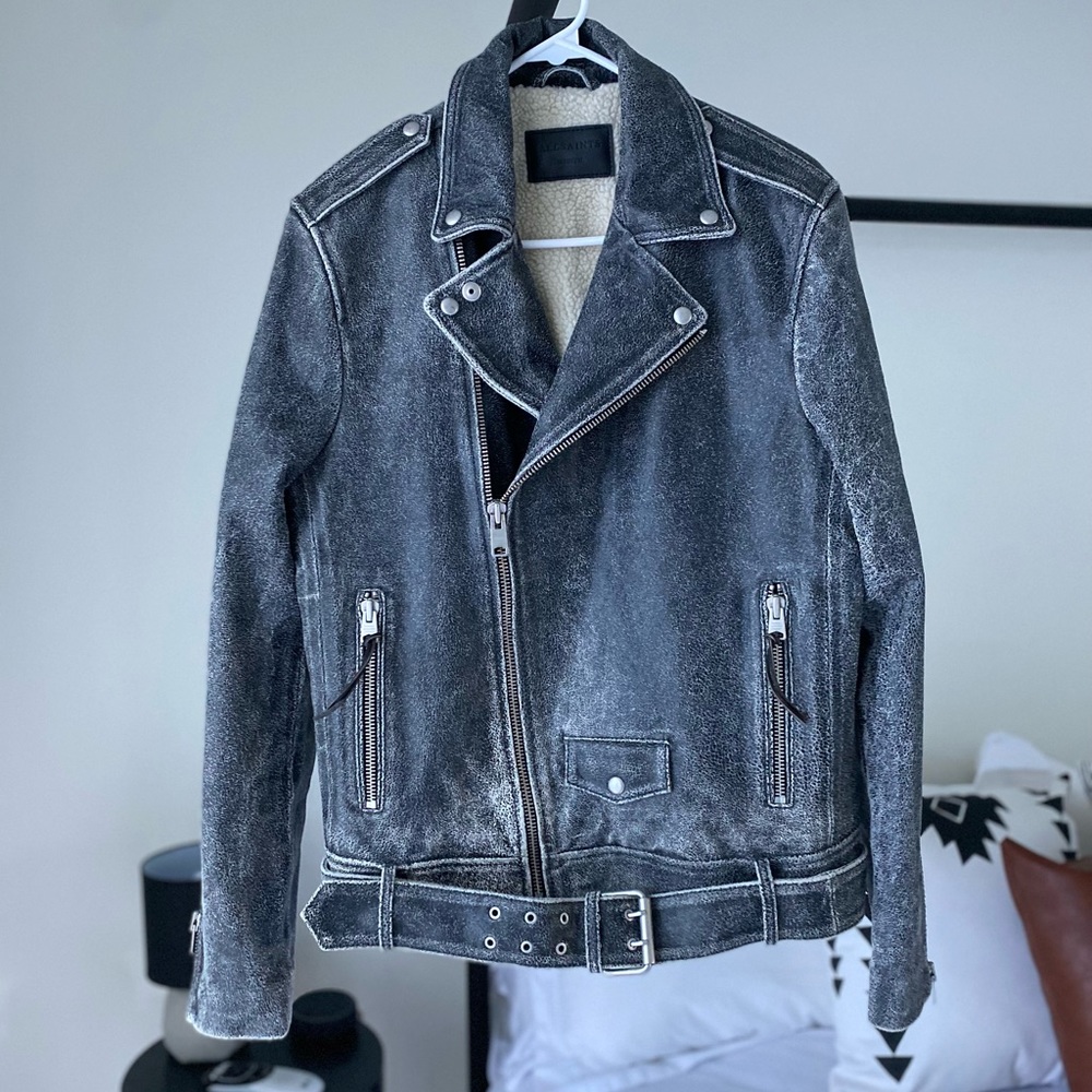 All Saints distressed leather shearling biker jacket